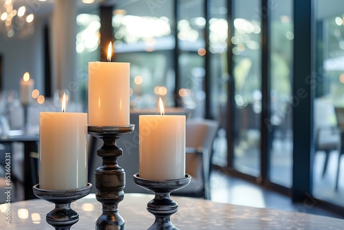 A modern interior with a blurred background of a soft-focus view of a set of elegant candle holders photo