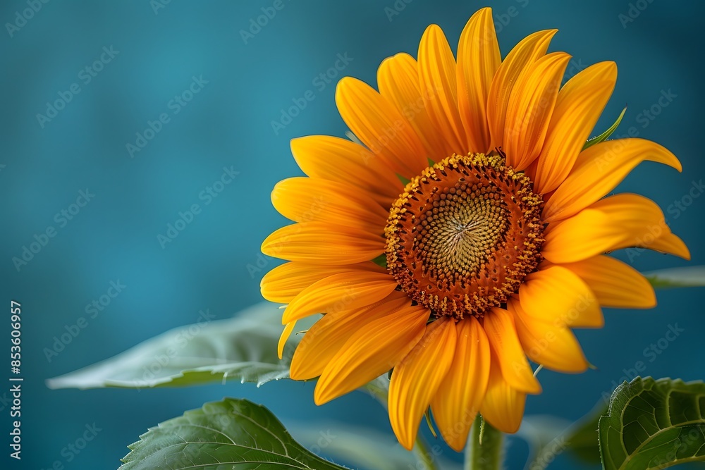 Fototapeta premium Vibrant Sunflower Bloom Against Turquoise Background - Nature, Floral Art, and Botanical Design