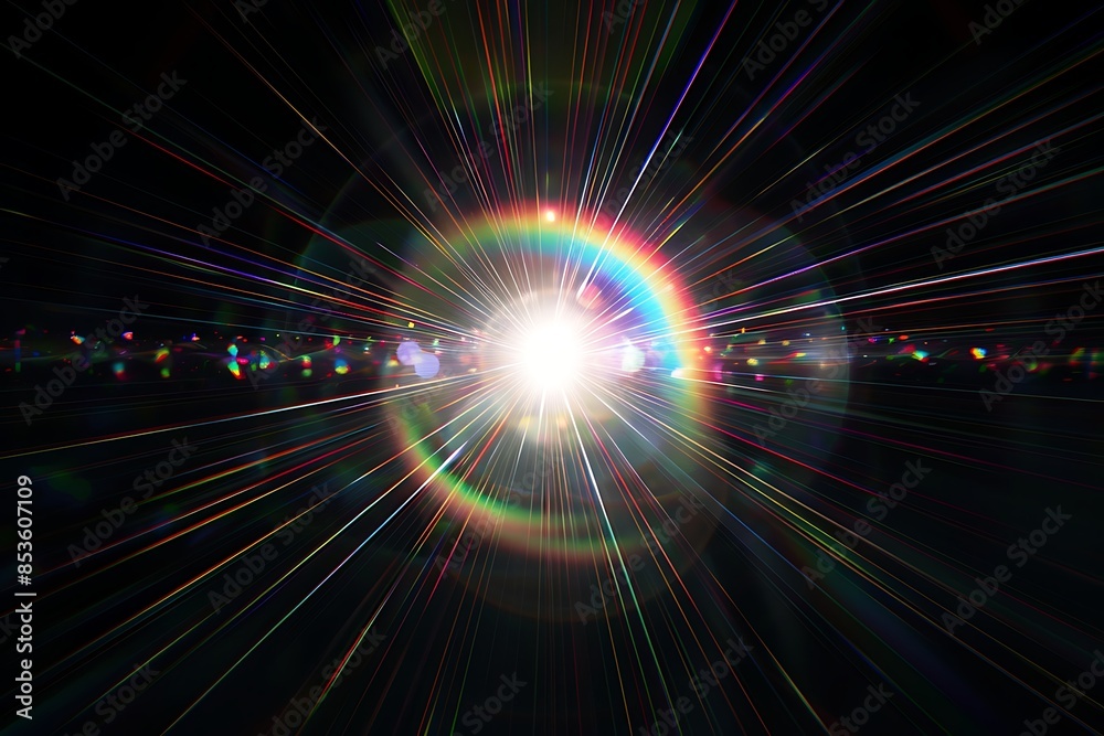 Fototapeta premium A lens flare effects. Bright light in the dark over black background