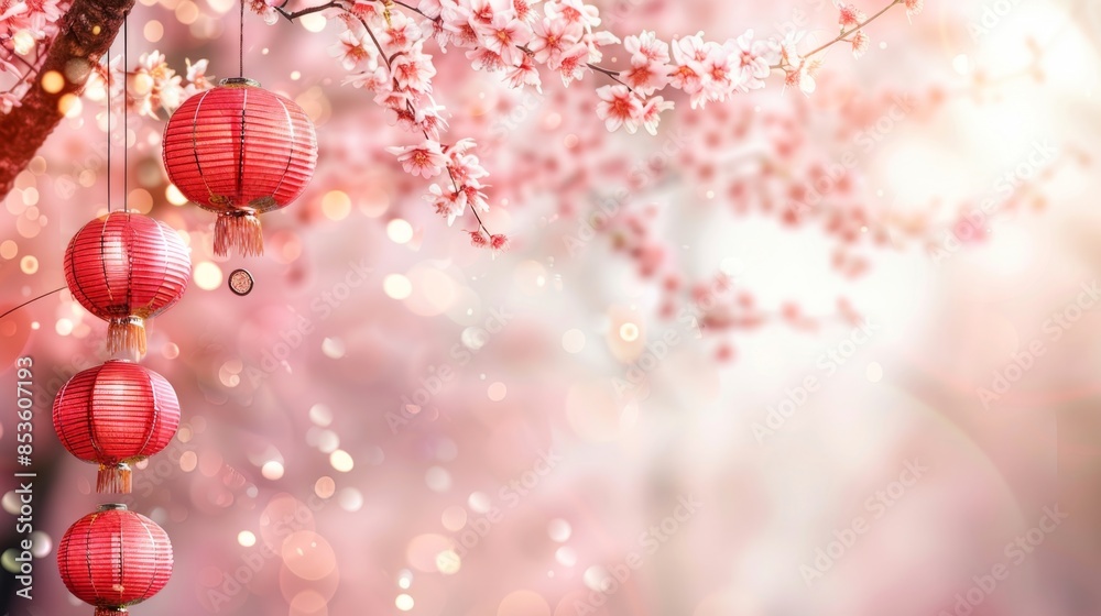 Red Lanterns and Cherry Blossoms, Generative AI Red Lanterns and Cherry Blossoms, Generative AI