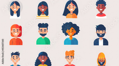 Set of diverse cartoon avatars with various hairstyles and facial expressions icons. Collection of twelve unique character illustrations for profile icons and social media use