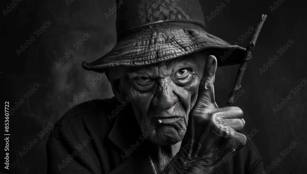 A man with a hat on his head and a stick in his hand A man with a hat on his head and a stick in his hand