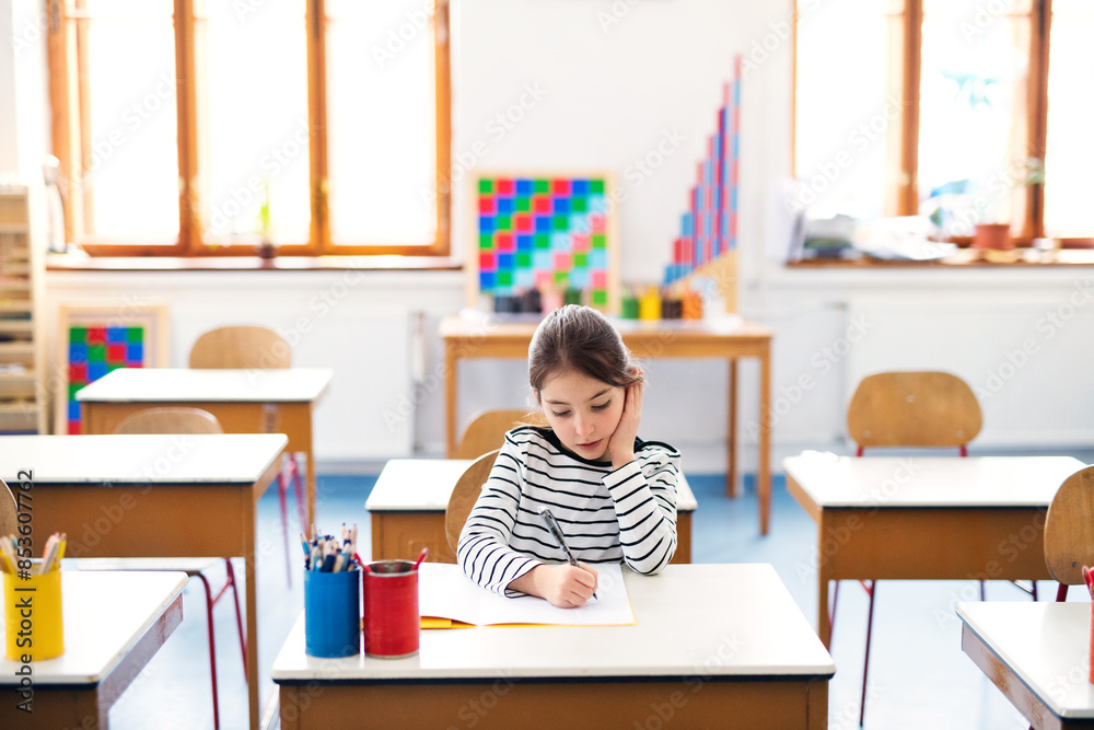Schoolgirl, pupil sitting at desk in classroom at the elementary school. Student girl pen, writing in exercise book, notebook. Schoolgirl, pupil sitting at desk in classroom at the elementary school. Student girl pen, writing in exercise book, notebook.