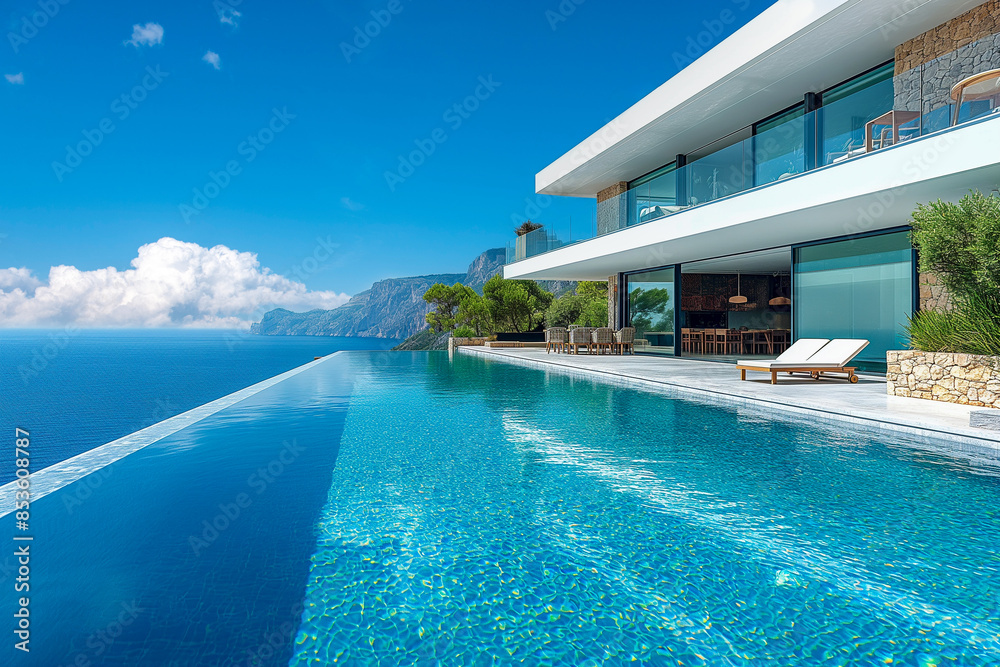 Fototapeta premium Villa in Mediterranean modern style with infinity pool. Minimalist architecture in Mediterranean setting with sea views