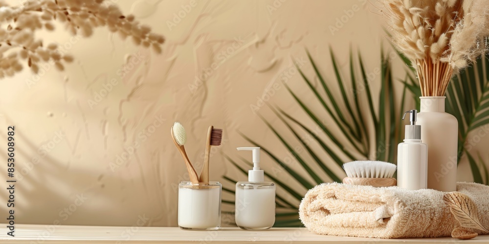 Minimalist self-care setup with beige tones and natural materials, set against a textured beige background, creating a calming beauty routine environment. Minimalist self-care setup with beige tones and natural materials, set against a textured beige background, creating a calming beauty routine environment.