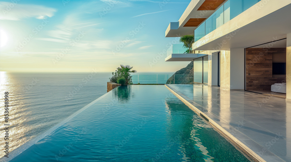 Fototapeta premium Villa in Mediterranean modern style with infinity pool. Minimalist architecture in Mediterranean setting with sea views