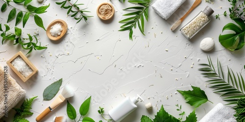 Natural skincare products arranged with fresh leaves and white flowers in a serene setting.