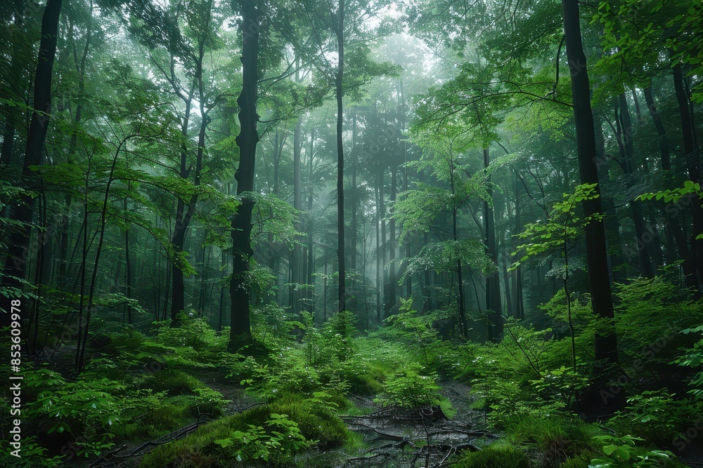 Obraz premium A dense forest with a misty atmosphere, showcasing the natural beauty and tranquility of woodland areas. 