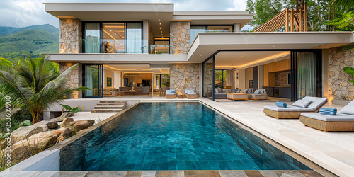 Villa in Mediterranean modern style with infinity pool. Minimalist architecture in Mediterranean setting