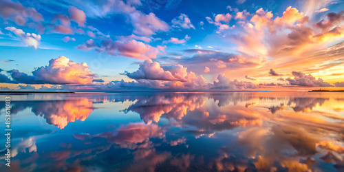 Clear blue sunset sky pink clouds above the sea. natural mirror