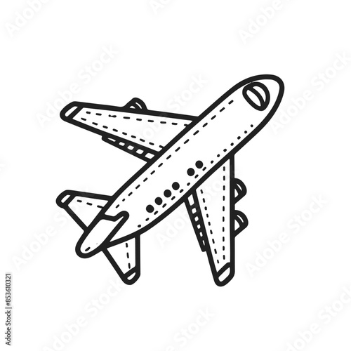 A black and white drawing of an airplane. The airplane is positioned in the middle of the image, with its wings spread out. The image has a simple and clean design