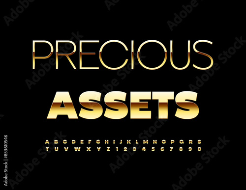 Vector trendy emblem Precious Assets. Elegant Gold Font. Premium  Alphabet Letters and Numbers set.