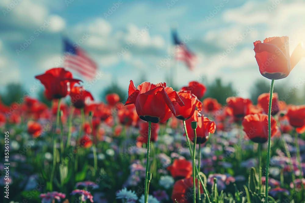 Obraz premium Beautiful poppy field in the sun. Generated by artificial intelligence