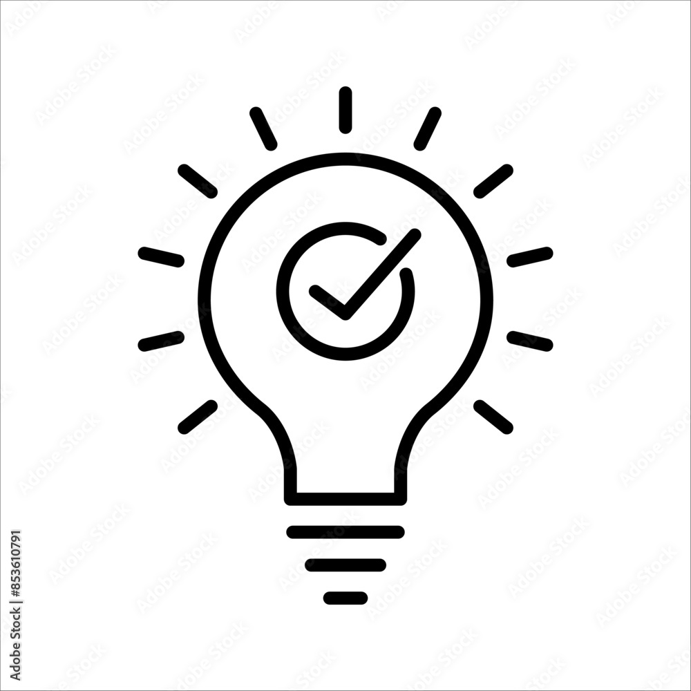 black bulb with checkmark like quick tip icon. flat stroke linear simple trend modern efficiency logotype design element isolated on white background. black bulb with checkmark like quick tip icon. flat stroke linear simple trend modern efficiency logotype design element isolated on white background.