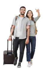 Beautiful happy couple full length portrait isolated transparent PNG, Young joyful smiling woman and man walking with suitcase isolated transparency. Love, travel, tourism, students concept