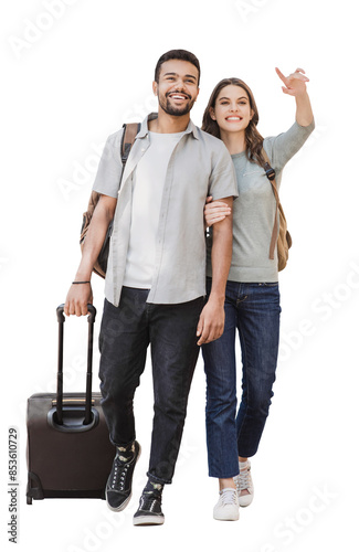 Beautiful happy couple full length portrait isolated transparent PNG, Young joyful smiling woman and man walking with suitcase isolated transparency. Love, travel, tourism, students concept