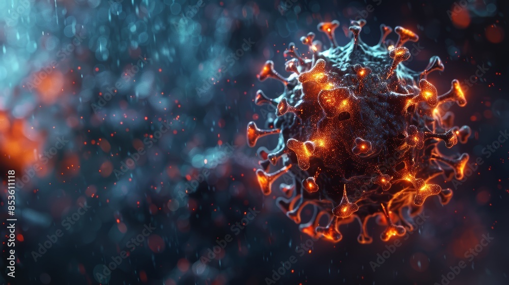 A creative 3D illustration of a virus with glowing edges, representing the concept of a highly infectious disease. A creative 3D illustration of a virus with glowing edges, representing the concept of a highly infectious disease.