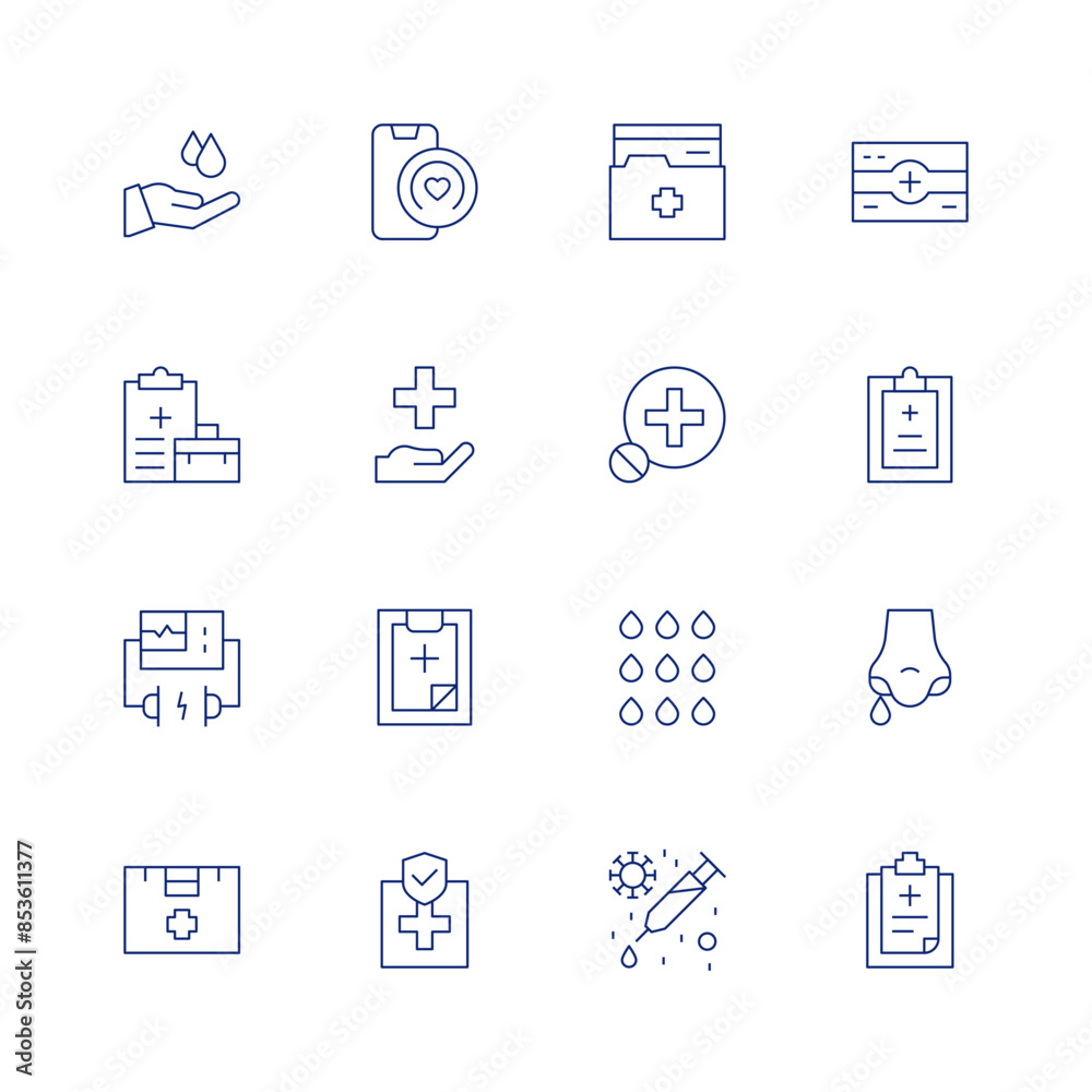 Health line icon set on transparent background with editable stroke. Containing blooddonation, health, healthapp, healthcare, medicalrecords, medicine, nohealthcare, report.
