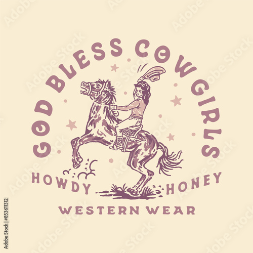 cowgirls illustration horse graphic rodeo design western vintage wild west
