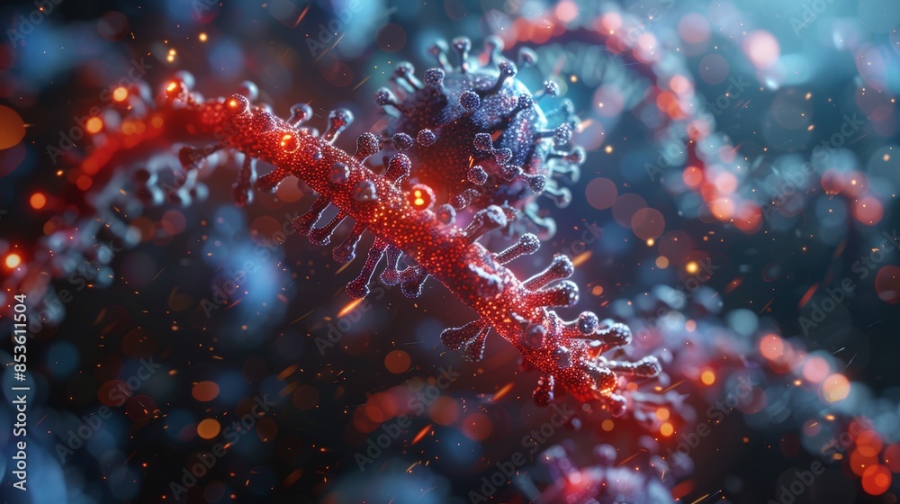 A dynamic 3D illustration of a virus interacting with human DNA, emphasizing the concept of viral impact on genetics and mutation. A dynamic 3D illustration of a virus interacting with human DNA, emphasizing the concept of viral impact on genetics and mutation.