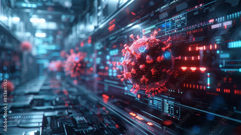 A futuristic 3D illustration of a virus with digital data overlays, symbolizing the analysis and tracking of an epidemic. A futuristic 3D illustration of a virus with digital data overlays, symbolizing the analysis and tracking of an epidemic.