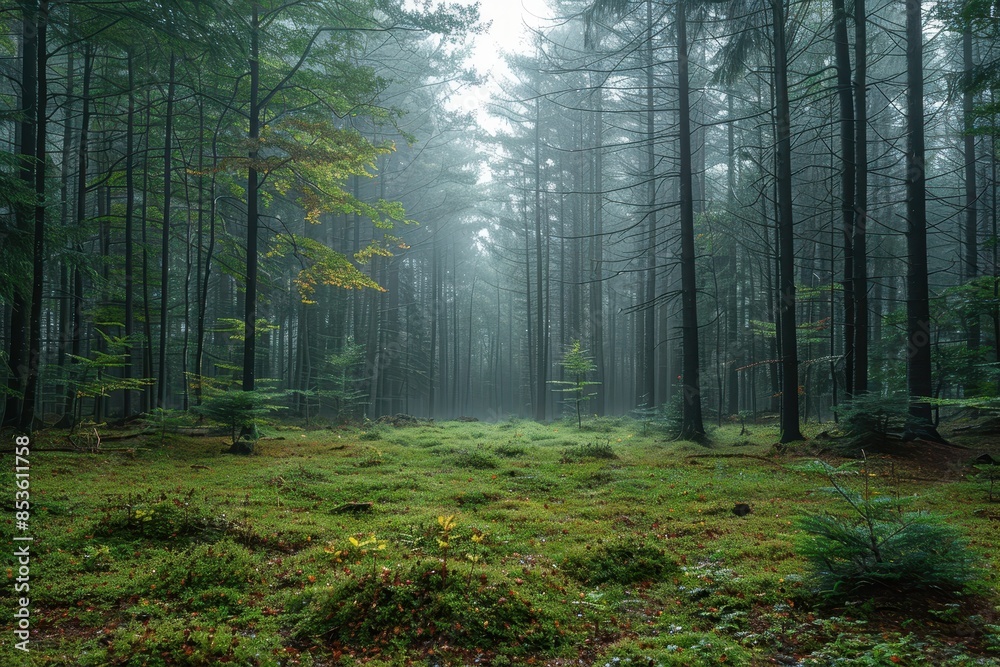 Obraz premium A dense forest with a misty atmosphere, showcasing the natural beauty and tranquility of woodland areas. 