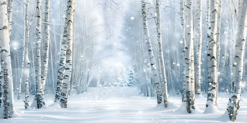 Enchanting Watercolor Birch Forest Silver Snowflakes, Fairytale Castle, Midnight Sky. Concept Enchanting Watercolor Birch Forest, Silver Snowflakes, Fairytale Castle, Midnight Sky