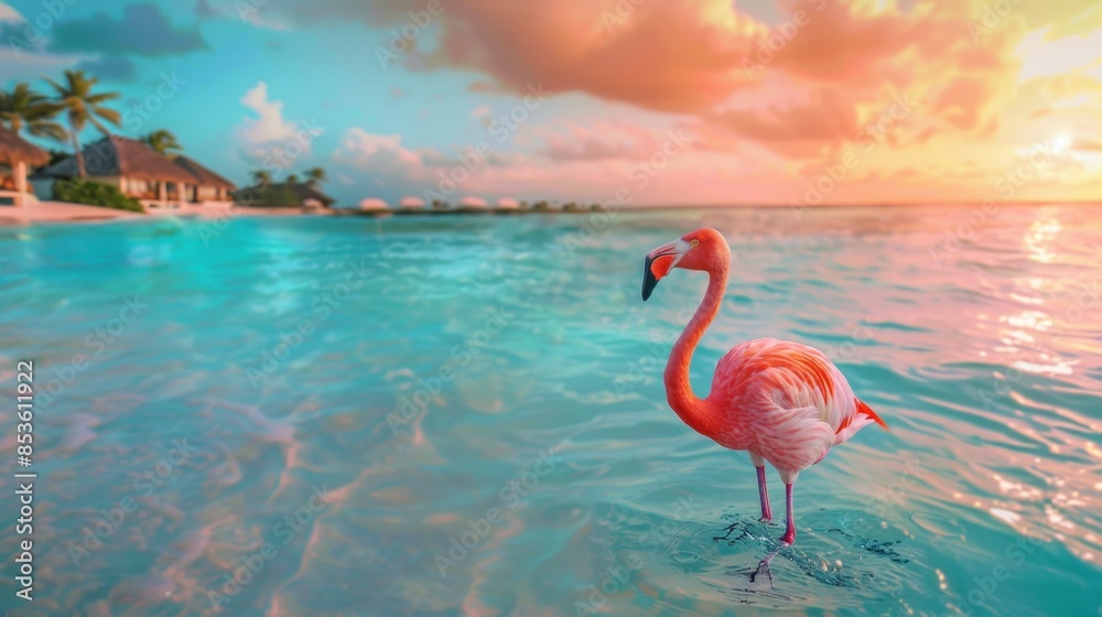 Fototapeta premium Beautiful Flamingo Standing in Turquoise Water at Sunset, Generative AI