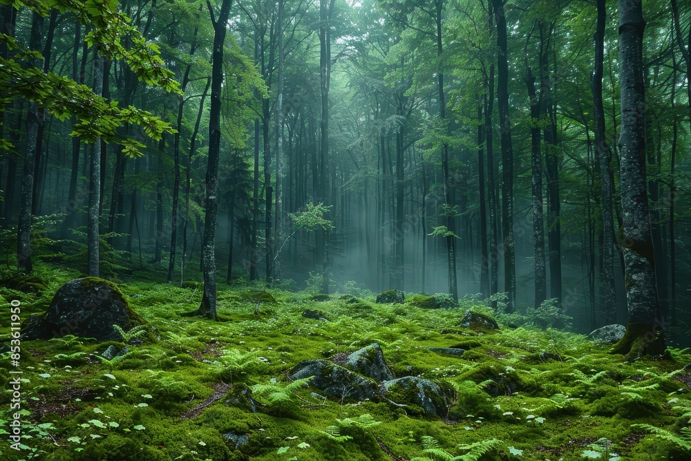 A dense forest with a misty atmosphere, showcasing the natural beauty and tranquility of woodland areas. A dense forest with a misty atmosphere, showcasing the natural beauty and tranquility of woodland areas.