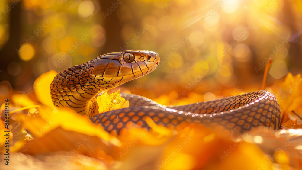 Detailed View of a Snake Blending with Vibrant Golden Leaves in Autumn Forest
Detailed View of a Snake Blending with Vibrant Golden Leaves in Autumn Forest