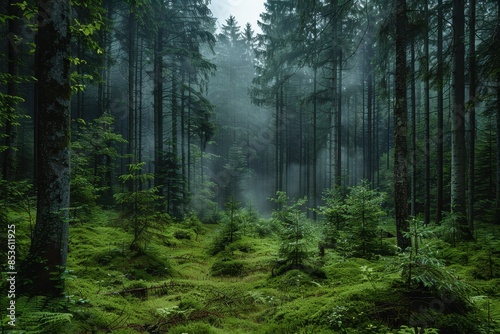 Wallpaper Mural A dense forest with a misty atmosphere, showcasing the natural beauty and tranquility of woodland areas.  Torontodigital.ca