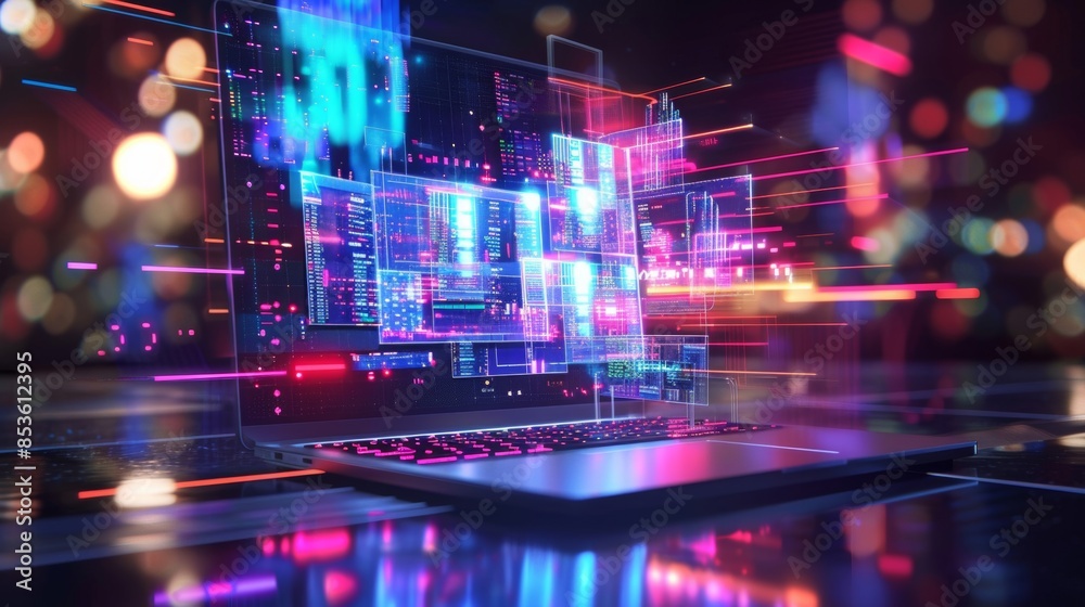 Fototapeta premium Explore the future of business technology with holographic laptops and digital devices Concept of modern innovation and futuristic workplace