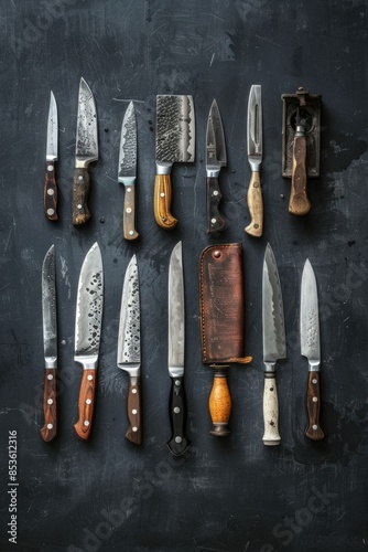 A collection of knives arranged neatly on a table surface