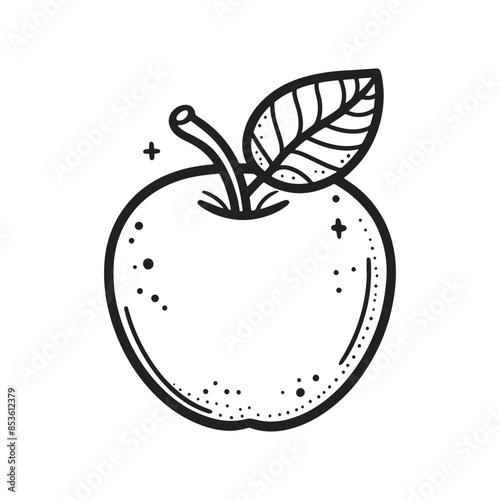 A black and white drawing of an apple with a leaf on top. The apple is the main focus of the image, and the leaf adds a touch of nature to the drawing. Scene is simple and elegant