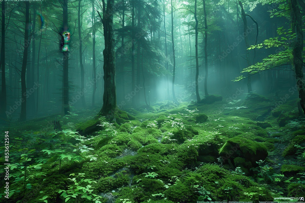 Obraz premium A dense forest with a misty atmosphere, showcasing the natural beauty and tranquility of woodland areas. 