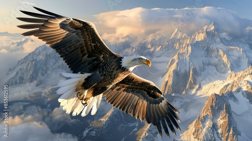 Soaring high above the majestic mountains, the proud eagle spreads its wings, embodying freedom and strength.