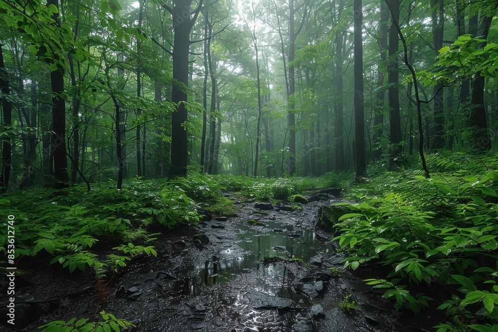 Obraz premium A dense forest with a misty atmosphere, showcasing the natural beauty and tranquility of woodland areas. 