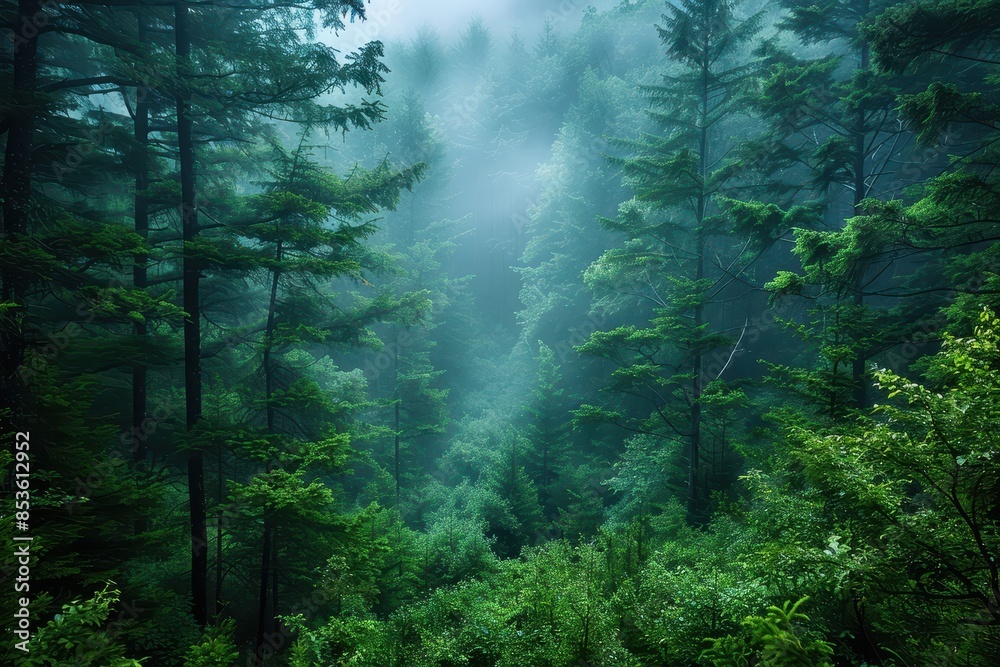 A dense forest with a misty atmosphere, showcasing the natural beauty and tranquility of woodland areas. A dense forest with a misty atmosphere, showcasing the natural beauty and tranquility of woodland areas.