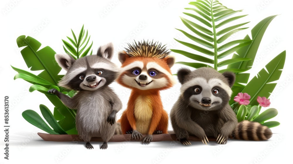 Fototapeta premium A playful illustration of jungle animal friends, featuring a raccoon, hedgehog, and panda, surrounded by lush green leaves and flowers