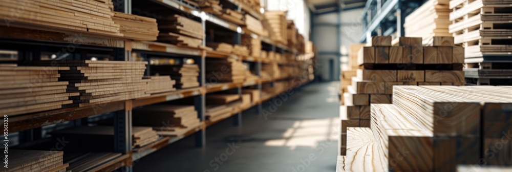 Wood material in a warehouse, with wood planks stacked up high on shelves in the close up view. Wood material in a warehouse, with wood planks stacked up high on shelves in the close up view.
