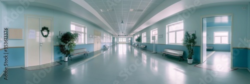 An empty hospital hallway with clean and modern interior, emphasizing health care and hygiene.