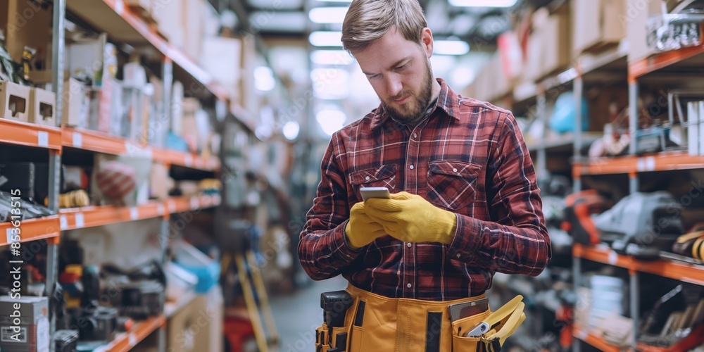 A professional carpenter chooses tools in a store using a smartphone. A professional carpenter chooses tools in a store using a smartphone.