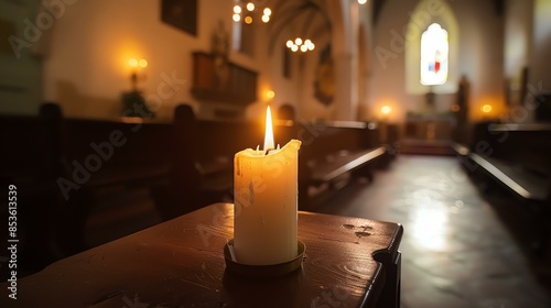A lone candle burns on a wooden table in a dark church. The flickering light casts a warm glow on the surrounding walls and pews. photo