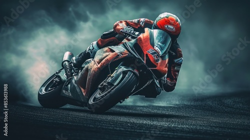 Motorcycle racing at the track, fast and dynamic shots, motion blur.
