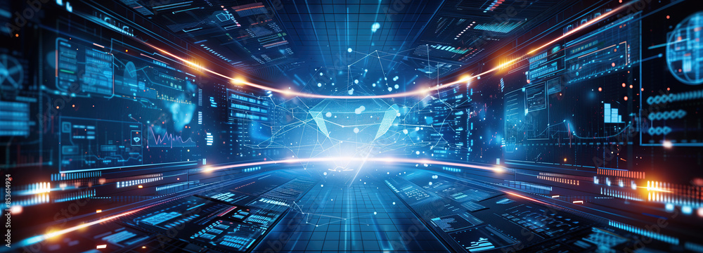 A futuristic depiction of data flows and software integration within a digital cityscape, representing the dynamic nature of modern technology A futuristic depiction of data flows and software integration within a digital cityscape, representing the dynamic nature of modern technology
