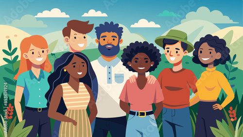 A group of happy different races people standing together in a field.