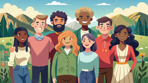 A group of happy different races people standing together in a field.