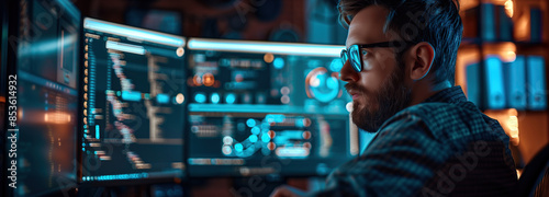 A late night of code: a focused programmer works on a software project. A programmer sits in front of a triple monitor setup, late at night, meticulously working on a software project