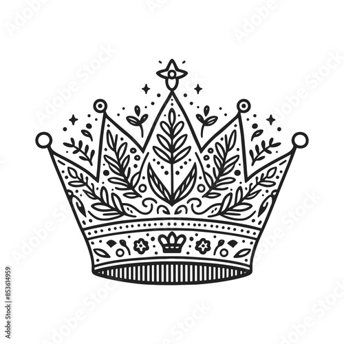 A crown with leaves and flowers on it. The crown is black and white. The crown is very detailed and has a lot of intricate designs