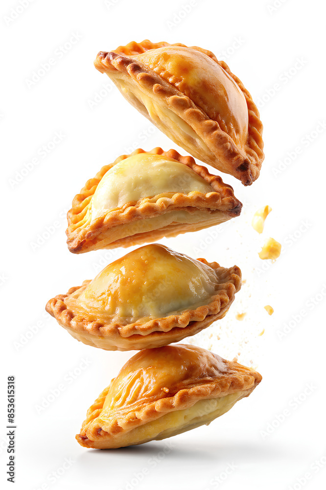 Falling curry puff pastry, on white background, Selective focus, clipping path Falling curry puff pastry, on white background, Selective focus, clipping path